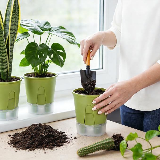 Plant Pots 6 inch Set of 5, Self Watering Pots for Indoor Outdoor, Upgraded Water Inlet Self Watering Planters Flower Pots with Drainage Hole and Clear Saucer Reservoir (Green)