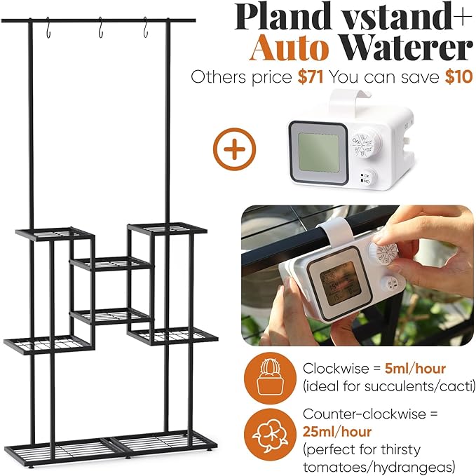 4 Tier Plant Stand with Automatic Drip Watering System, Indoor Outdoor Metal Plant Shelf with Hanging Rod, Holds 12 Pots, Space Saving Plant Display & Organizer