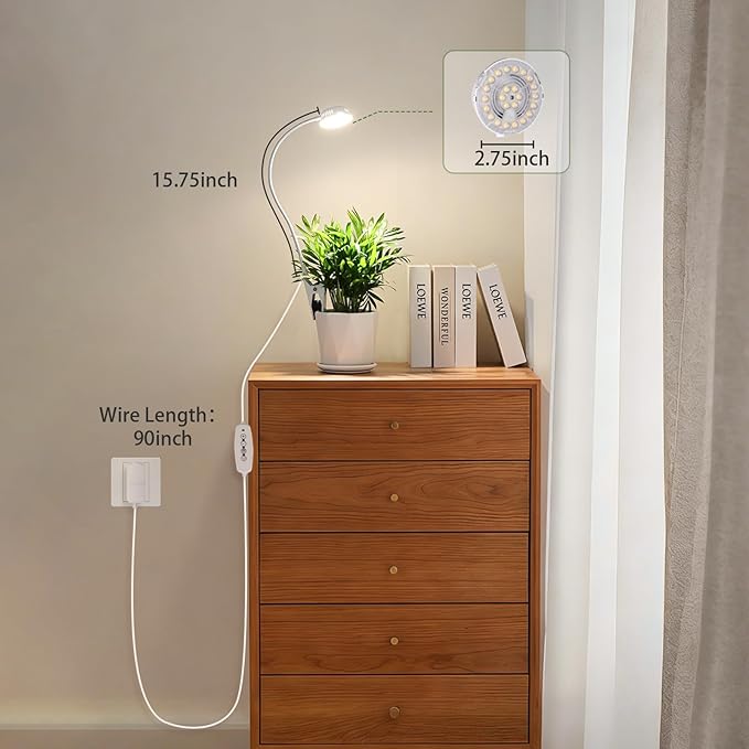 LORDEM Grow Lights for Indoor Plants, Clip-on Gooseneck Plant Lights for Indoor Growing，Full Spectrum LED Plant Light with 5 Dimming Levels,Auto On/Off Timer (6/8/12/16 Hrs),White,1 Pack