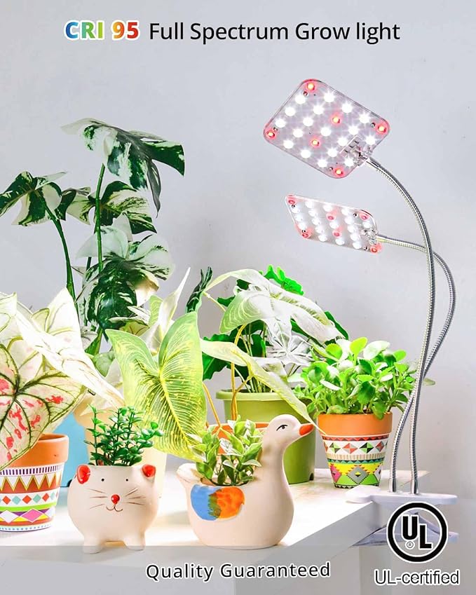 DOMMIA Plant Light, Dimmable Desk Clip on Plant Light for Indoor Plants with 6/12/16h Timer, Gooseneck Grow Lamps, Full Spectrum for Seeding, Succulent, Potted Plants, 2-Head
