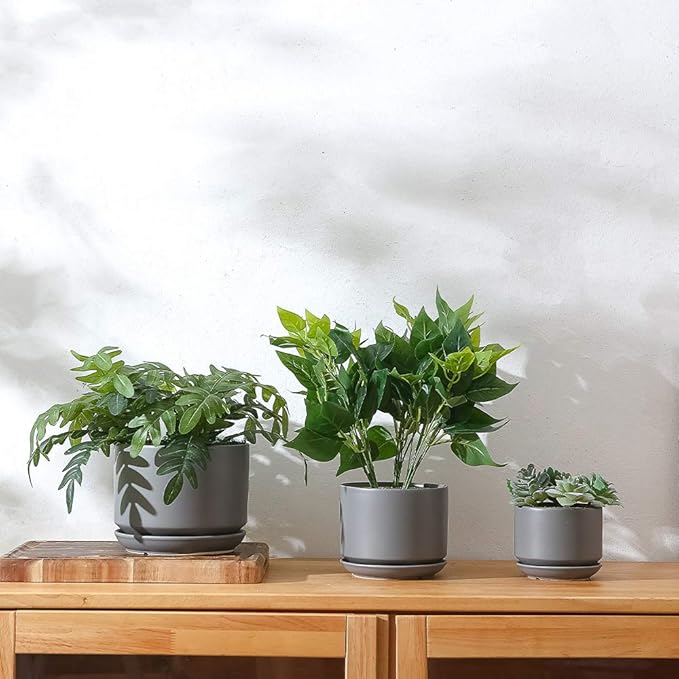 Yishang Succulent Plant Pots,6.7+5.3+4.1 in Glazed Ceramic Planters with Connected Saucers, Round Modern Ceramic Flower pots - Small to Large Sized Plant pots for All House Plants(Matte Grey)