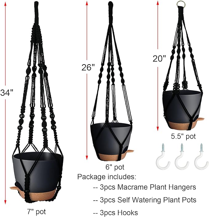 Bouqlife 3 Pack Self Watering Hanging Planters Macrame Plant Hangers with Indoor Flower Pots, 3 Different Size Hanging Basket, Plant Hanger with Hooks for Garden Home Decor Black