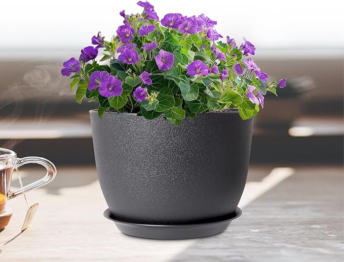Meowell 12 inch Large Plant Pots, Plastic Planters with Drainage Holes and Saucers, Flower Pots for Indoor Outdoor Plants, Modern Decorative Pots for Garden House Plants, Black