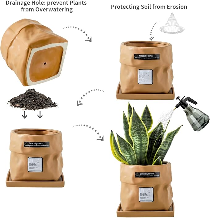 Nihow Ceramic Plant Pot: 8 Inch Planter with Drainage Hole & Square Saucer for Herbs/Plants, Bag Shape Design Flower Pot for Indoor & Outdoor Garden Decor - Terracota