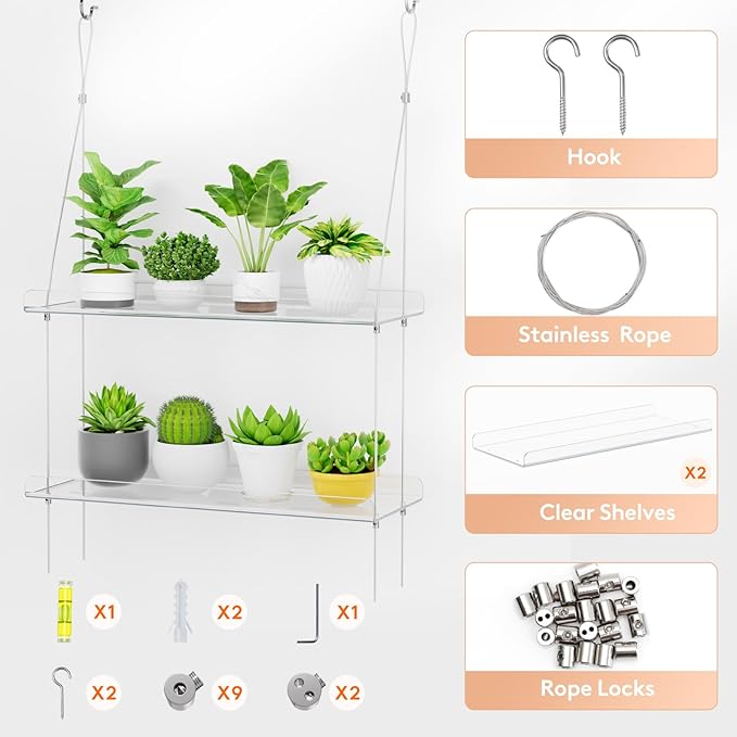 Lifewit 2-Tier Window Plant Shelves 15", Acrylic Adjustable Hanging Floating Shelf, Window Sill Extender for Succulent Plants, Micro Greens, Seed Starter Pots, Herb Planters 38 x 15 cm/15x6