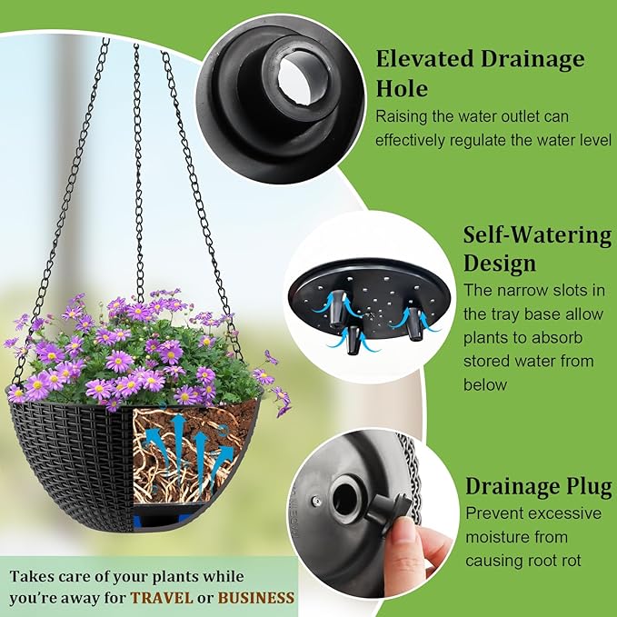 RooTrimmer Hanging Planters for Indoor Outdoor Plants 8 and 10 Inch, 4 Packs Hanging Flower Pot with Drainage Holes, Self-Watering Hanging Basket Perfect for Home, Office and Garden, Black