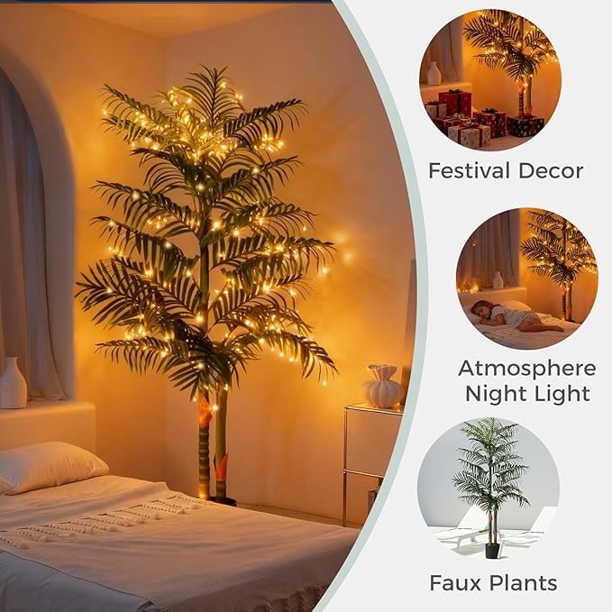 5FT Artificial Palm Tree Tall Plant with Planter & Moss, Realistic 2-Trunk Artificial Tree with Lights, Lifelike Leaves Fake Palm Tree, Low Maintenance Palm Tree Decor for Home Office Living Room