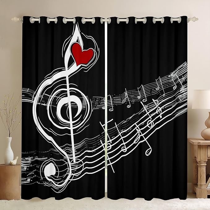Feelyou Kids Room Decor Music Note Curtains Music Pattern Window Curtains Bedroom Living Room Kids Decor Boys Girls Themed Window Drapes Durable Treatments Black 42W X 63L,2 Panels