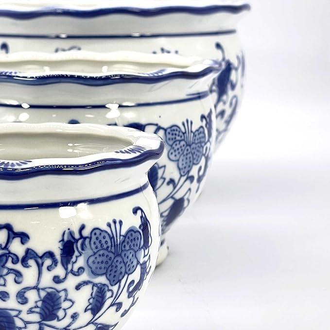 Galt International Blue & White Floral Porcelain Ceramic Decorative Compact Flower Pot 8"/6"/4.5" Diameter Garden Pots Chinese Asian Design - Set of 3 Round Pots