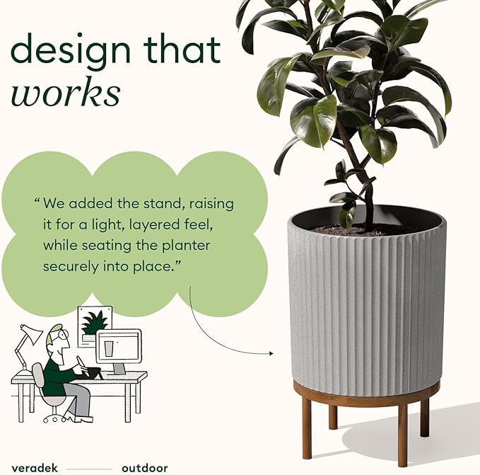 Veradek Demi Series Round Planter w/ Stand for Porch/Patio | Durable Plastic-Concrete & Wooden Stand | Modern Décor for Tall Plants, Flowers