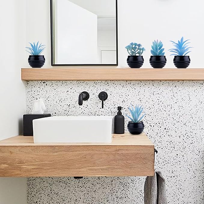 GREENTIME 6 Pcs Blue Artificial Succulent Plants in Mini Black Plastic Pots Small Fake Succulent Plant Faux Indoor Decor Bedroom Desk Bathroom Office Living Room Table Shelf Home Decoration