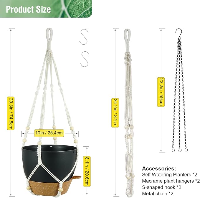 Meowell 10 inch Self Watering Hanging Planters, 2 Pack Hanging Flower Pots for Indoor Outdoor Plants, Hanging Baskets with Drainage Holes & 2 Kinds of Plant Hangers for Garden Home Decor, Black Brown