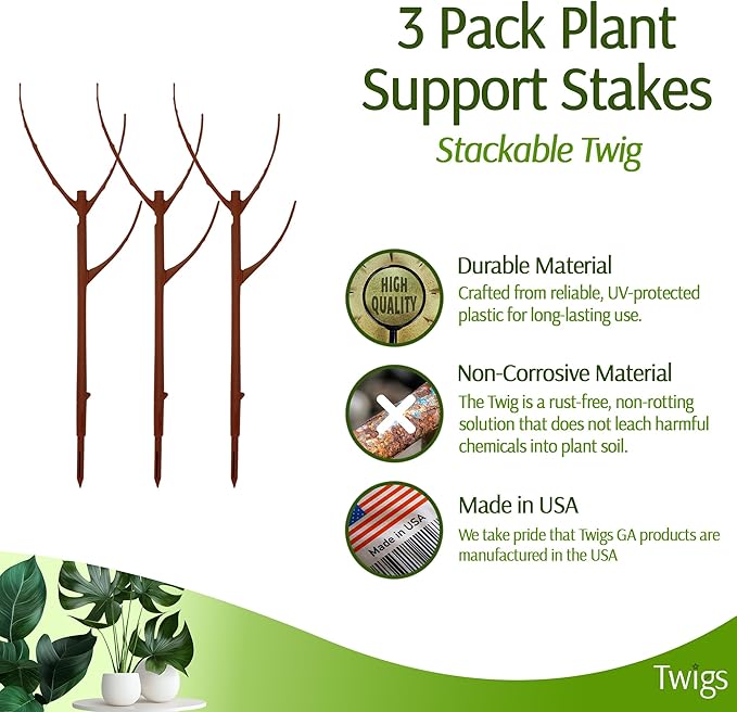 Twigs GA - Stackable Plant Support Stakes, Indoor & Outdoor Houseplant Stem Support, Garden Accessories, Durable Trellis Alternative for Climbing & Potted Plants - Begonia Red, 3 Pack, 17" L