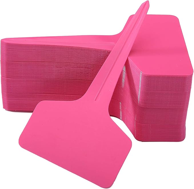 100 Pcs T-Type Plant Labels with a Gel Pen, Waterproof Nursery Plant Tags Plastic Garden Markers, Pink, 6 x 10cm