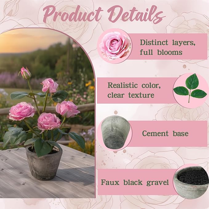 Rose in Pot Decor Potted Artificial Flowers Mini Plants Faux Flowers Indoor Small Decor Fake Roses for Home, Bathroom, Kitchen, Offices, Wedding Party Centerpieces (Rose Light Purple)