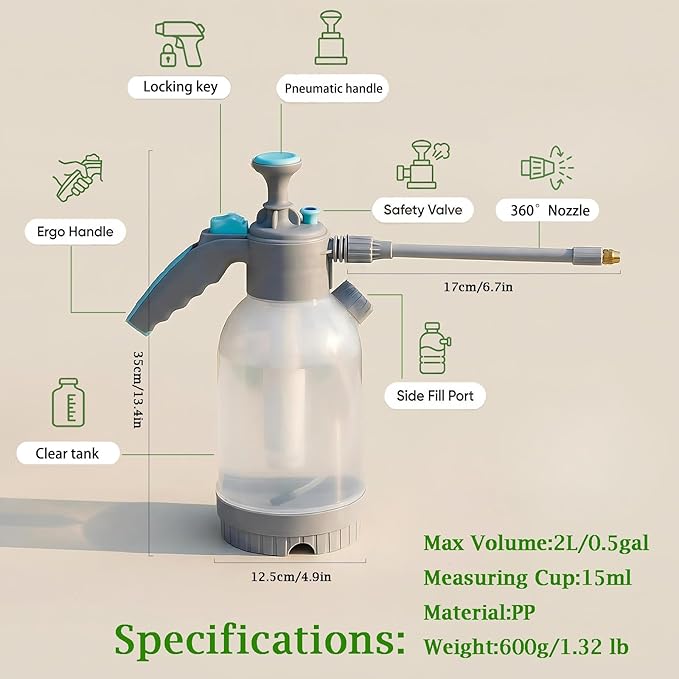 70oz/0.5 Gallon Hand Pump Sprayer,Clear Water Spray Bottle with Measuring Cup and Side Filling Port,Adjustable Nozzles,Portable Pressure Spray Bottle for Spraying Plants,Flowers,Weeds and Cleaning