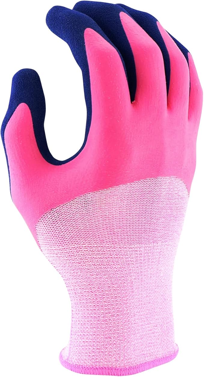 Miracle Gro Women's Double Dipped Sandy Foam Latex Gardening Work Gloves, Water Resistant, Excellent Grip Pink/Purple, Medium