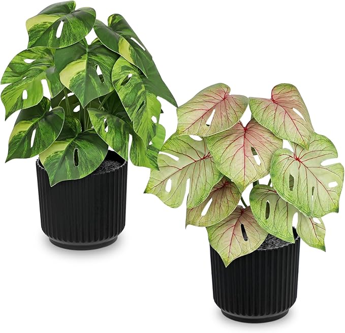 Oairse Small Artificial Monstera Potted Plant - 2 Pcs Faux Monstera Plants Mini Fake Greenery Deliciosa Plant Potted Fake Tropical Plants in Pot for Home Office Table Room Farmhouse Indoor Decoration