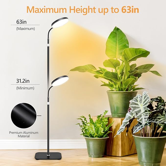 Grow Light for Indoor Plants, 20W Full Spectrum Plant Lamp with Height Adjustable Stand, 3/9/12H Auto Timer, 10 Dimmable Levels, 96 LEDs Sunlike Floor Lamp for Small to Tall Houseplants