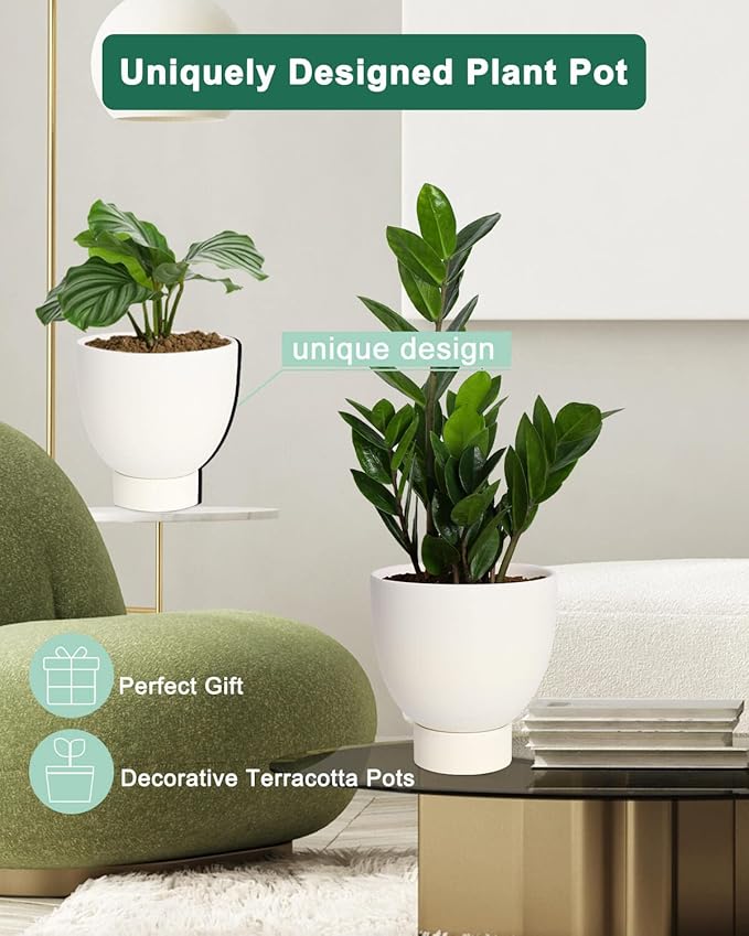vensovo White Terracotta Self Watering Plant Pot - 2 PCS 6 Inch & 8 Terra Cotta with Drainage Hole and Saucer, Small & Large Clay Flower Pot with Tray, Plant Pot for Indoor Outdoor