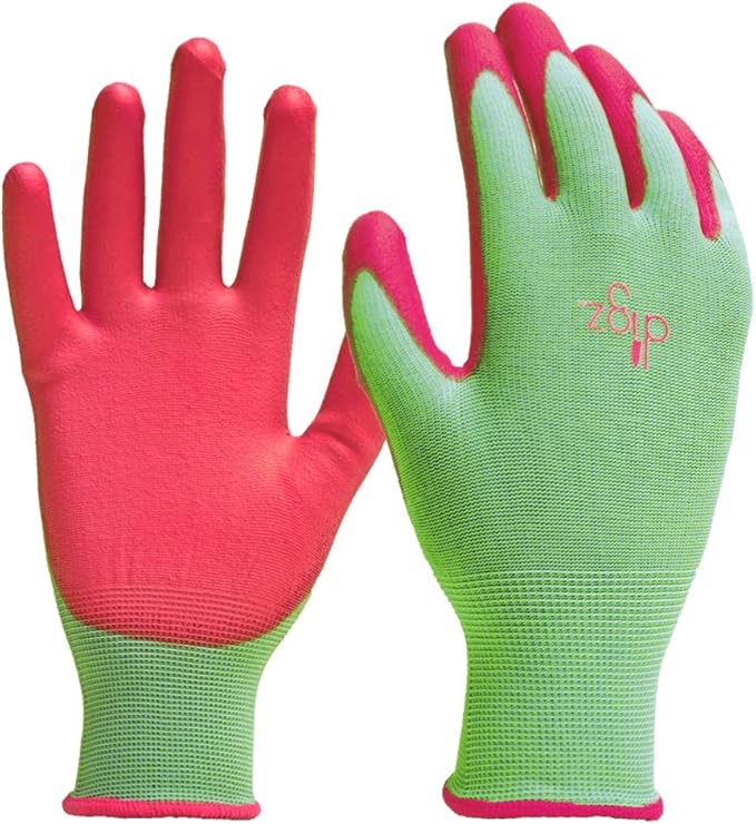 DIGZ 7697 Stretch Knit Women's Gardening Gloves, Work Gloves with Polyurethane Coating, Green/Pink, Large