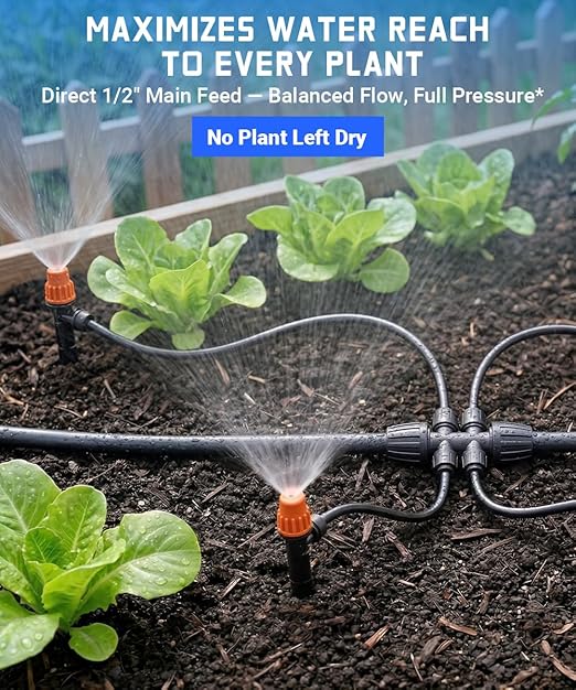 Fast-Lock Drip Irrigation System Kit for Garden Watering with 40 Adjustable Nozzles, Leak-Proof & Easy-Connect Irrigation Kit with 1/2" & 1/4" Tubing, for Greenhouse, Lawn, Indoor Pots(26FT+100FT)