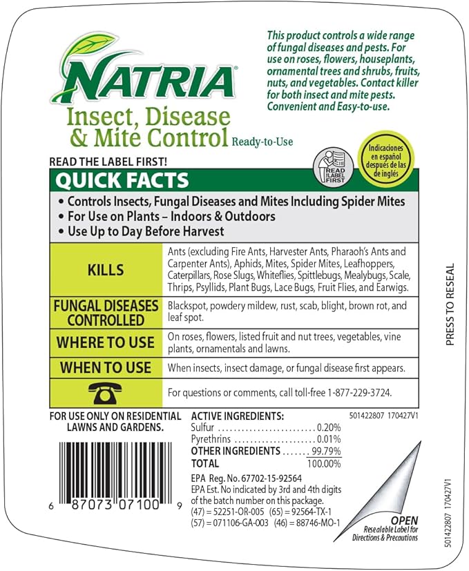 NATRIA Insect, Disease and Mite Control, Ready-to-Use, 24 oz, Plant Bug Spray