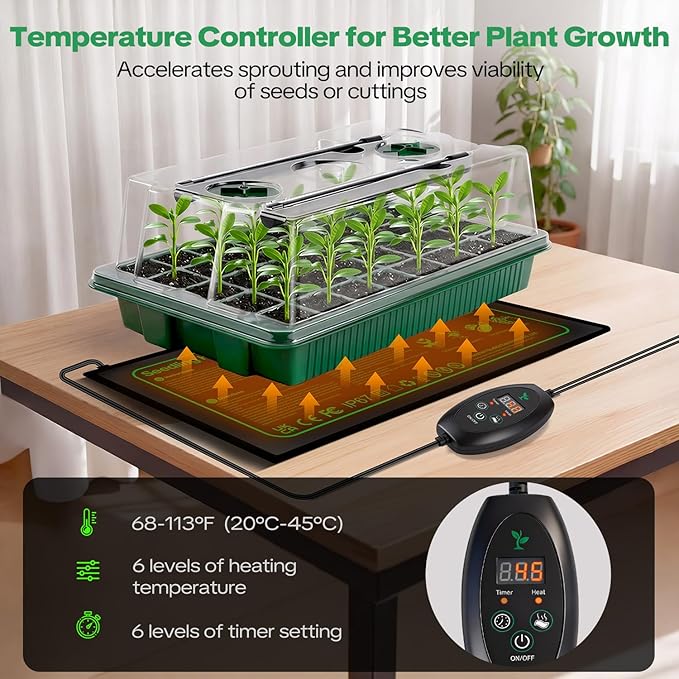 Seed Starter Tray with Grow Light & Heating Mat, Digital Temperature Control, 40-Cell Seed Starter Kit with Humidity Dome, Reusable Seed Starter for Indoor Planting Seeds