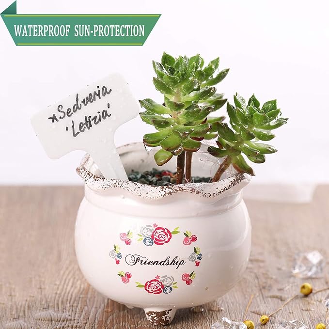 Whaline 100 Pcs Plastic Plant Labels White T-Type Garden Stake Tags Waterproof Plant Markers Reusable Plants Signs for Outdoor Indoor Nursery Potted Plants Seed with A Black Marker Pen (6 x 10 cm)