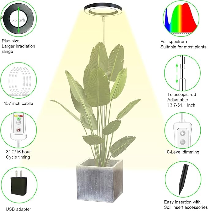 yadoker Plant Grow Light, LED Growing Light Full Spectrum for Indoor Plants, Paired with a Soil Tester,Height Adjustable, Automatic Timer, 5V Low Safe Voltage,Idea for Large Plant Light