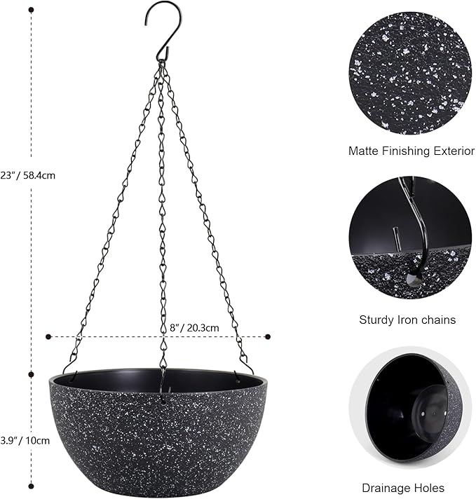 Meowell 8 inch Small Hanging Planters for Indoor Outdoor Plants, 2 Pack Hanging Flower Plant Pots with Drainage Holes and Chain for Porch, Plastic Hanging Baskets for House Plants, Speckled Black