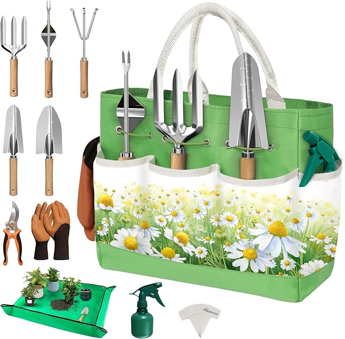 22Pcs Garden Tools Set for Women,Heavy Duty Hand Tool Kit, for Mom Beginner Gardening Essentials with Large Tote Bag/Repotting Mat/Trowel/Rake/Pruner/Gloves/Plant Tags-Green