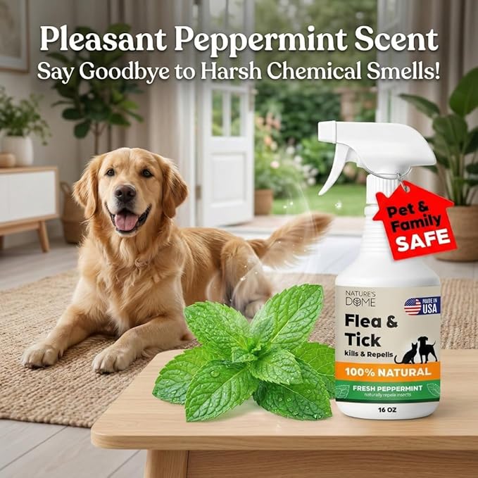 Nature’s Dome Peppermint Flea and Tick Spray 16 Oz | Non Toxic, Plant-Based Pest Control Peppermint Oil Spray for Mosquitos, Larvae & Eggs | Indoor and Outdoor Use | Safe for Pets & Kids