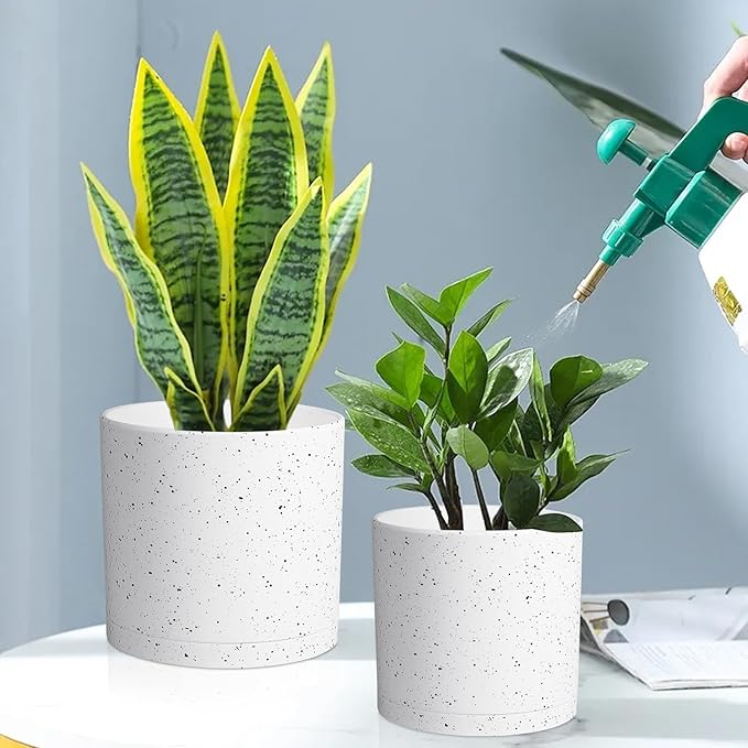 Meowell 8/7/6 inch Flower Pots, 3 Set Cylindrical Plant Pots for Outdoor Indoor Plants, Decorative Plastic Planters with Drainage Holes and Saucers for Garden House Plants, White with Black Speckles