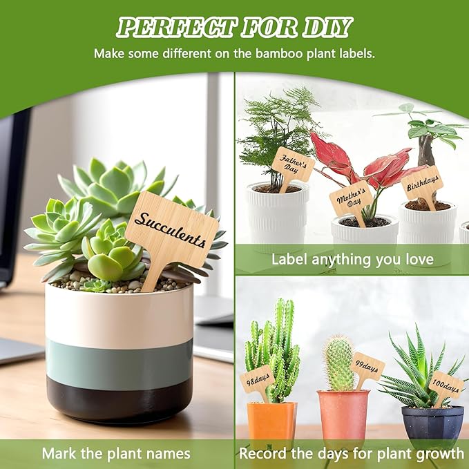 60 Pack Bamboo Plant Labels with A Marker Pen, Eco-Friendly T-Type Plant Tags Garden Markers for Seedling Potted Herbs Flowers Vegetables