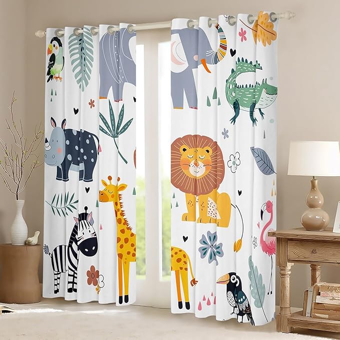 Feelyou Kids Zoo Animal Window Curtains Cute Wild Animals Curtains for Bedroom Cartoon Safari Wild Window Drapes for Boys Girls Teens Exotic Natural Theme Window Treatments, 42x63 Inches,2 Panels