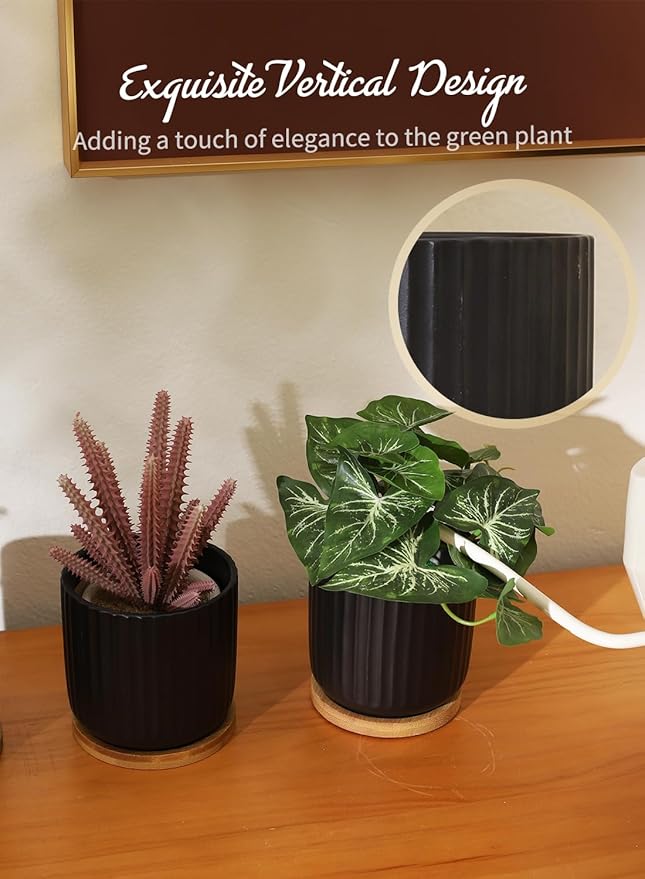 TAMAYKIM 4 Inch Small Plant Pots Indoor, Ceramic Flower Pot with Drainage Hole and Tray, Modern Vertical Pattern Planter for Succulents, Snake Plant, Aloe, Herbs, Black, Set of 4