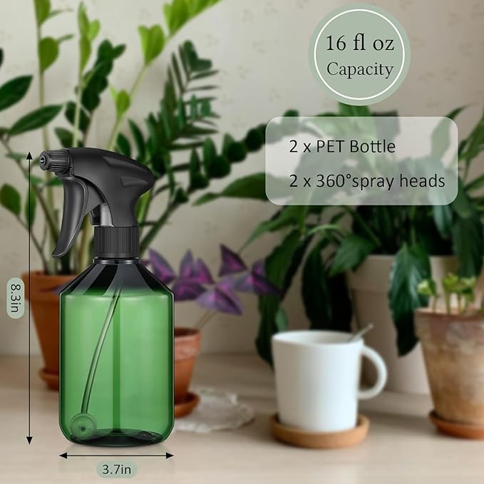 Baderke 2 Pcs Spray Bottle, 16 oz Plastic Spray Bottles for Cleaning 360° Upside Down Sprayer Bottles for Cleaning Solutions, Durable Nozzle W/fine Mist and Stream Setting(Green)