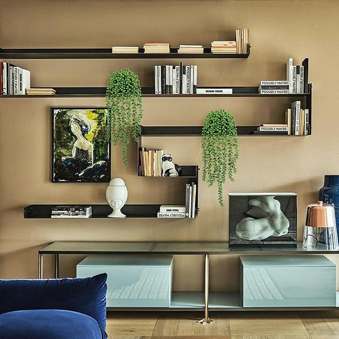 LOYWREE Fake Plants Indoor Artificial String of Pearls Plant in Black Pots, Realistic Green Faux Succulent Hanging Plants for Shelf Decor Desk Home Garden Decorations