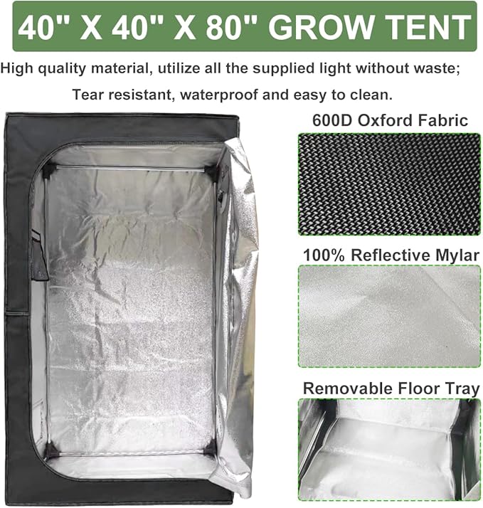 Complete Mylar Growing Tent, 3.3x3.3FT Grow Tent Kit 40"x40"x80" Indoor Plant Growing Room LED Full Spectrum Grow Light Ventilation Inline Fan + Acceseries
