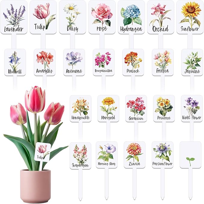 Whaline 24Pcs Acrylic Flower Plant Label Signs 24 Styles Garden Flower Markers Plant Stake Tags White Waterproof Tags with Floral Names for Nursery Indoor Outdoor Garden Decoration