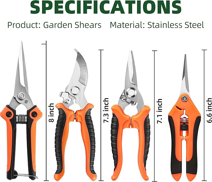 EWPJDK 4 Pack Garden Pruning Shears, Stainless Steel Garden Shears, Gardening Shears, Garden Scissors, Clippers, Pruning Snips, Pruning Shears for Gardening Tools (Orange)