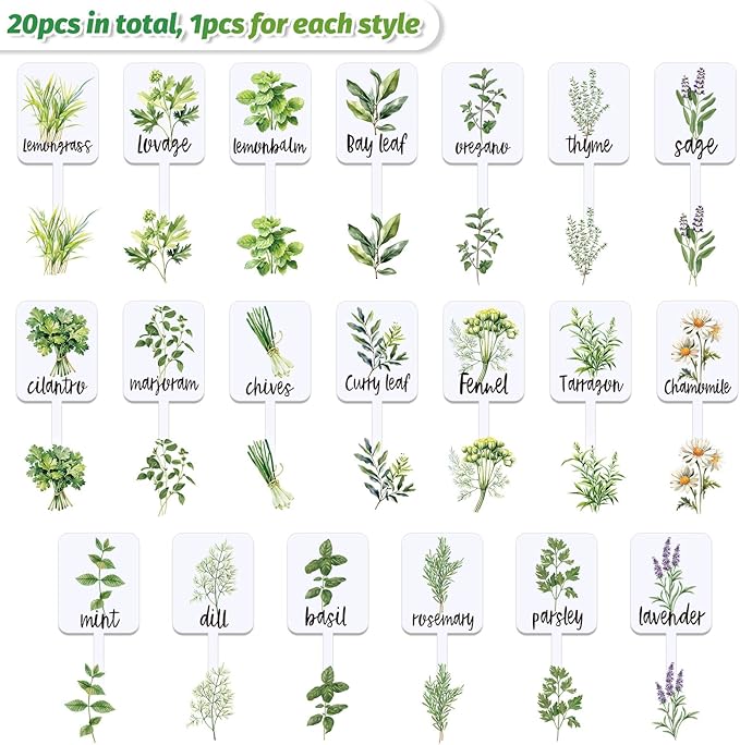 FYSUIMU 20Pcs Acrylic Plant Label Signs 20 Styles Garden Herb Markers Plant Stake Tags White Waterproof Tags with Herb Names for Nursery Indoor Outdoor Garden Decor
