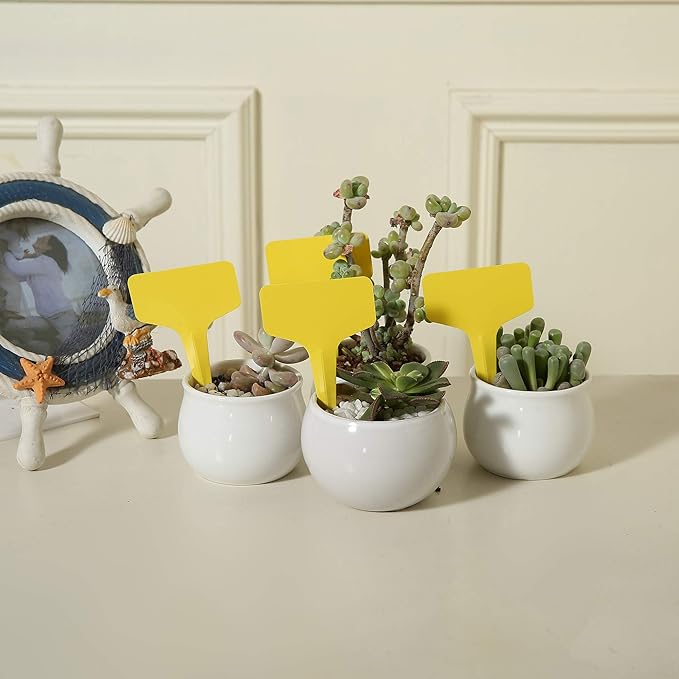 100 Pcs T-Type Plant Labels with a Gel Pen, Waterproof Nursery Plant Tags Plastic Garden Markers, Yellow, 6 x 10cm