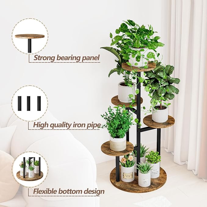 INGIORDAR Plant Stand Indoor Outdoor Corner Flower Stands Multiple Flower Pot Holder for Patio Garden Balcony Living Room 5 Tier Black+Rustic Brown