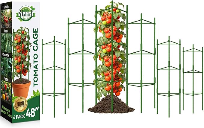 Halatool 6 Pack Tomato Cages for Garden Plant Support Stakes, 48 Inch Adjustable Tomato Trellis for Pots & Raised Garden Bed, Tomato Cage for Climbing Plants Eggplant Pepper Cucumber Bean Outdoor