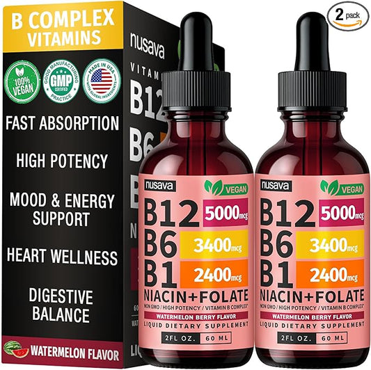 (2 Pack) Vitamin B12 and B6 Liquid Drops, B12 Sublingual Vitamin B Complex - B 12 Vitamin 5000mcg - B12 Methylcobalamin for Energy, Brain, Heart Support with 27,200 mcg, Watermelon Berry, 80 Servings