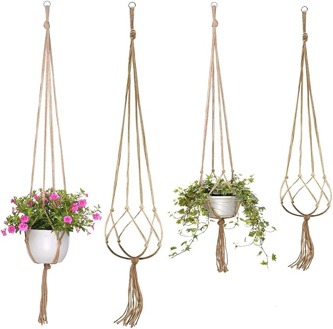 4 Pcs Macrame Plant Hanger Basket Liners with Country Style Natural Jute, Elegant for Home Garden, Patio and Office, Indoor & Outdoor Decoration, ONLY Hanger, NO Plant or Pot (48", 41")
