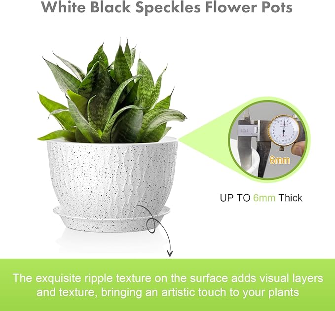 Meowell 12/10/9 inch Large Flower Pots, 3 Set Big Plant Pots for Outdoor Indoor Plants with Water Ripples, Wide Plastic Planters with Drainage Holes and Saucers for Garden House Plants, Speckled White