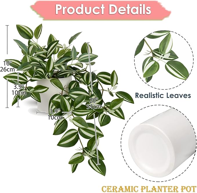 GnFlus Fake Hanging Plants, 20 Inch Artificial Ivy Plant in Ceramic Pot Faux Vine Potted for Home Bedroom Office Table Shef Desk Indoor Outdoor Decor (Green/White)